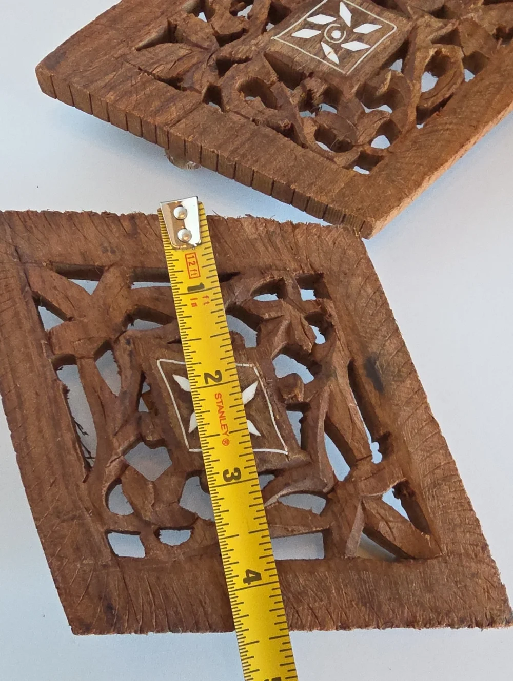 Vintage 1970's Hand Carved Wood Trivet with Tab Feet India -Set Of 2